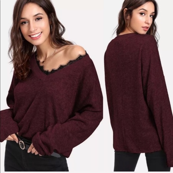 Burgundy Off the Shoulder Lace Trim Sweater - Picture 3 of 7